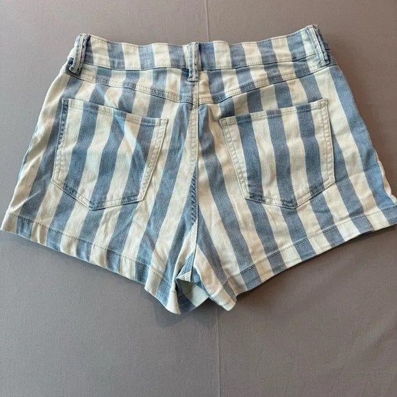 Rewash High Waist Button Fly Blue Railroad Striped Denim Jean Shorts - Picture 7 of 8
